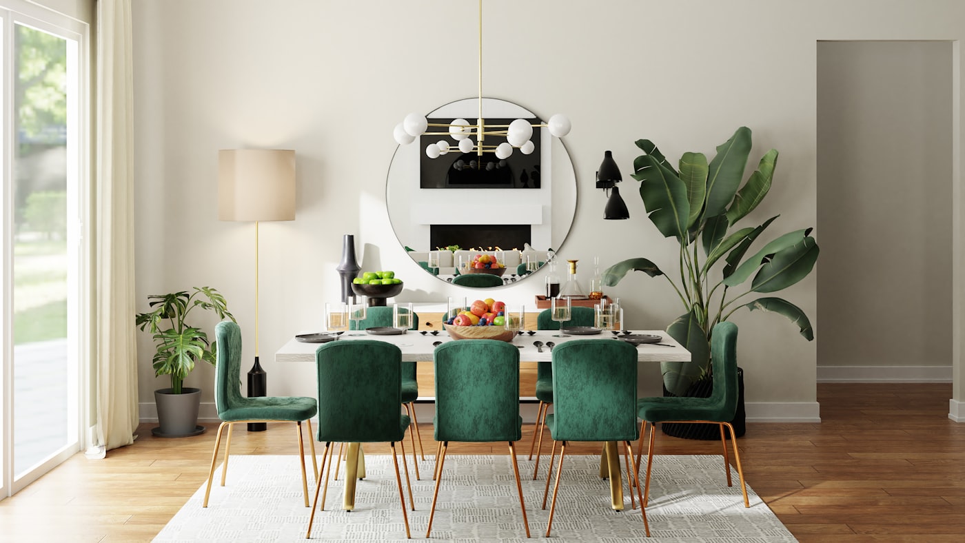 Elegant dining room with wooden table and pendant lighting