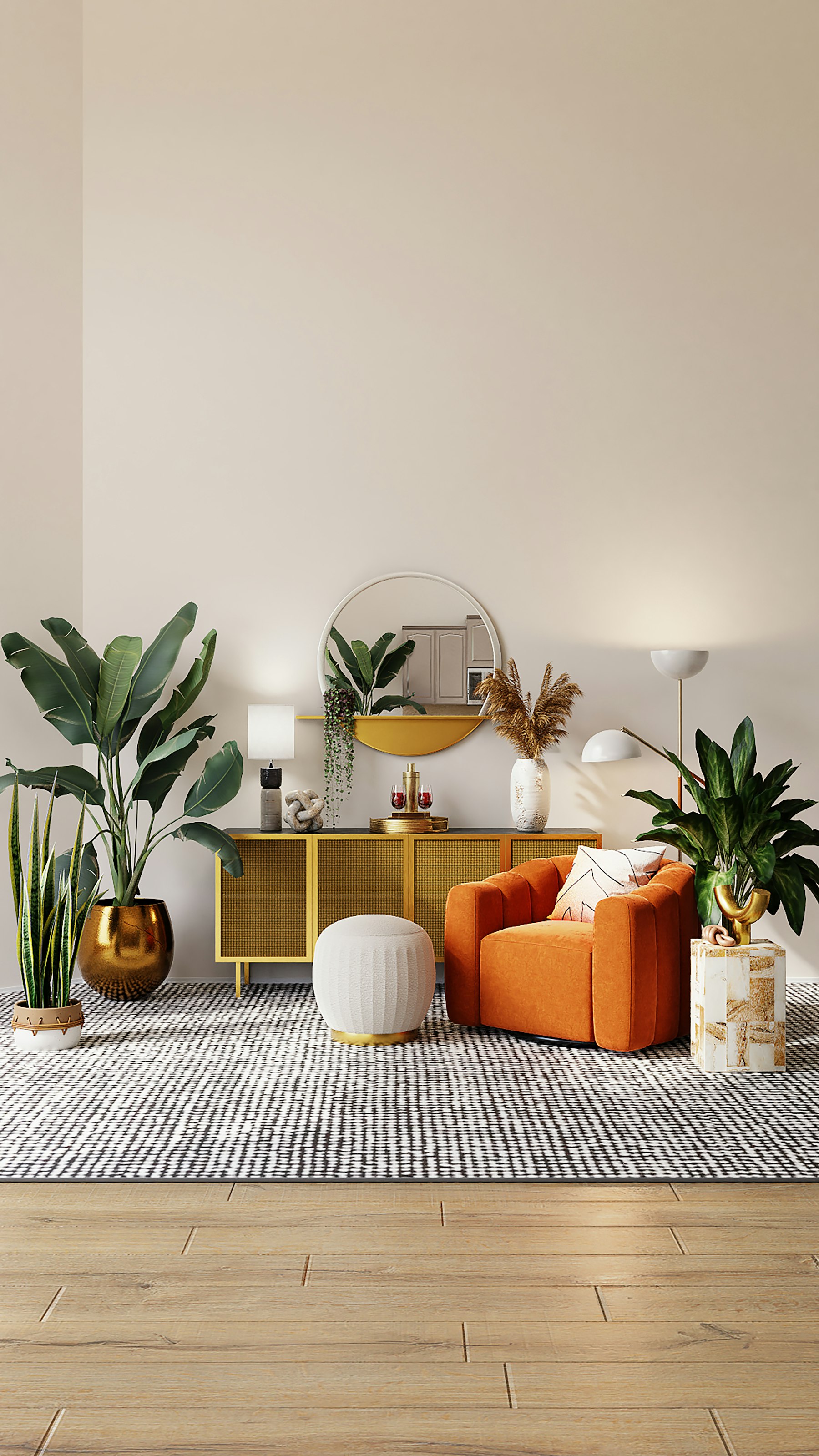 Modern living room interior with warm lighting and curated pieces