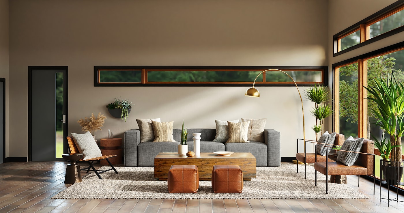 Bright living room with sofa, coffee table, and natural light